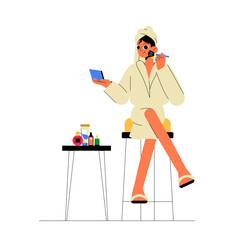 Woman Applying Makeup In Flat Vector Illustration Symbolizing Beauty Routine And Self Care, Isolated On White Background