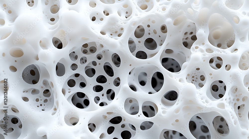 Poster a close-up view of porous white material, showcasing intricate patterns of bubbles and holes, creati