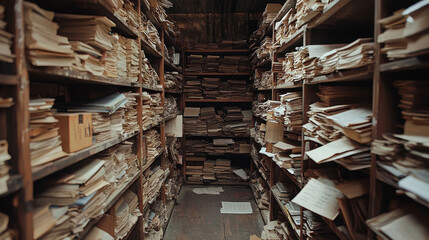 Obraz premium Rows of Wooden Shelves Filled with Papers and Folders in a Storage Space