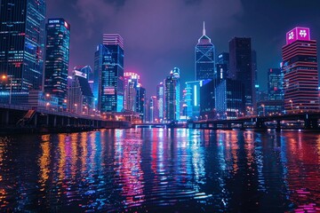 Colorful illuminated skyscrapers reflecting on calm city waterfront at night.