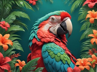 Fototapeta premium Colorful macaw parrot posing among tropical flowers and leaves. AI generated