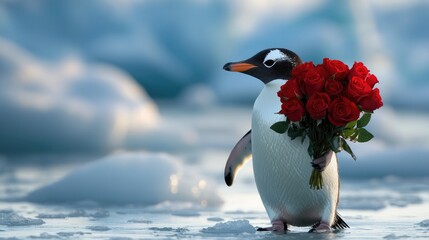 Fototapeta premium Penguin holding red roses on ice with snowy background. The 14th of February. Happy Valentine's Day