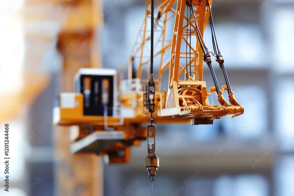 Poster a close-up view of a crane on a building site, with a structure in the background