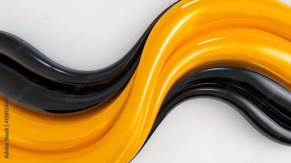 Poster a vibrant abstract design featuring flowing black and yellow shapes against a light background, crea