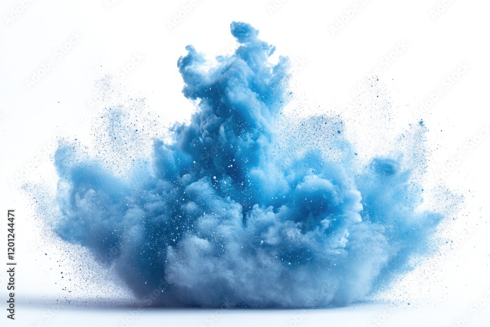 Poster a blue powder cloud suspended in the air on a white background, ideal for use in science or technolo