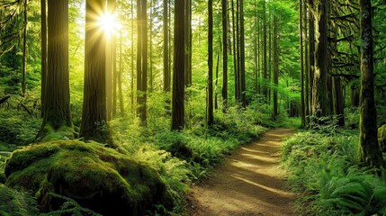 Obraz premium Serene Forest Pathway: Sunlight Dappling Through Ancient Trees