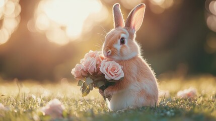 Adorable rabbit holding roses in sunlit meadow. Easter, Pascha, Paskha, Ostern, Pascua, Paques - Orthodox and Catholic Holiday celebration