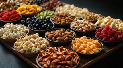 Assorted Dried Fruits and Nuts Placed in Small Bowls on a Wooden Tray