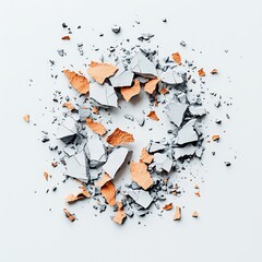 A collection of shattered, colorful fragments scattered on a pale surface, showcasing textures and colors of broken materials.