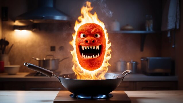Bizarre scene of a flaming monster head hovering over a wok in a kitchen