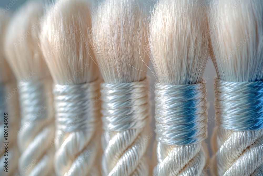 Poster A close-up view of various brushes arranged on a table, suitable for use in still life photography or as a prop in creative projects