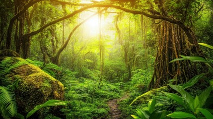 Fototapeta premium Stunning Tropical Rainforest Scene: Lush Green Foliage, Sunlight, and Tranquil Ambiance