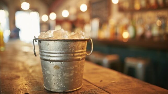 A metal bucket brimming with ice cold beers sits on a wooden counter, surrounded by a vibrant bar atmosphere