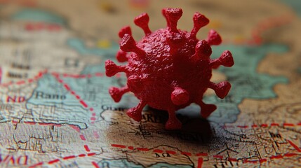 Red coronavirus model on world map depicting global pandemic spread impact. HMPV, Human metapneumovirus