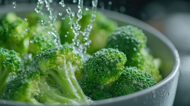 Fresh broccoli florets are washed thoroughly under a stream of water, ensuring cleanliness before meal preparation in the kitchen