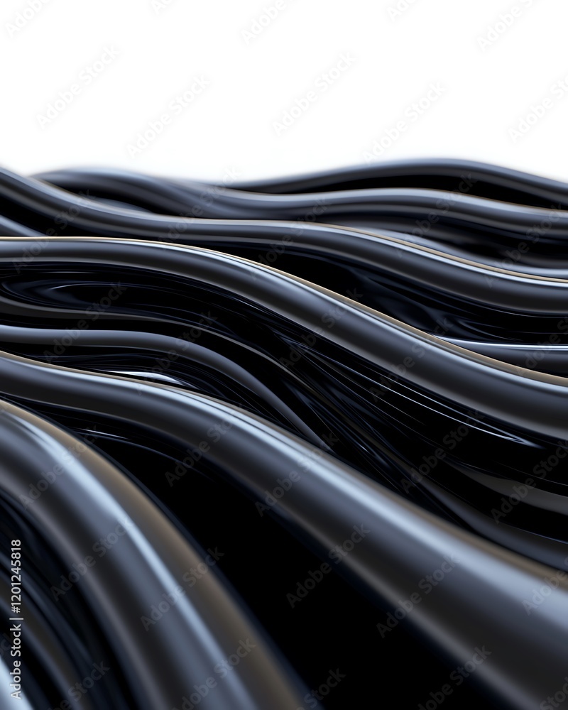 Poster abstract close-up of flowing, glossy black ribbons creating a wavy texture against a light backgroun