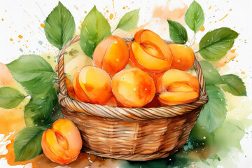 Watercolor sweet apricots in the basket