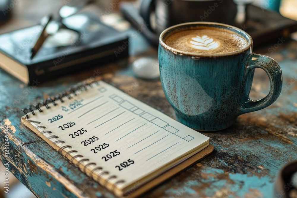 Poster a person works or takes notes with a cup of coffee and a notebook on a table