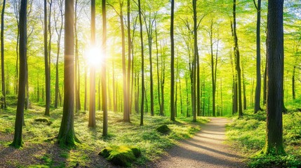 Obraz premium Serene Spring Forest Path: Sunlight Dappled Woodland Trail