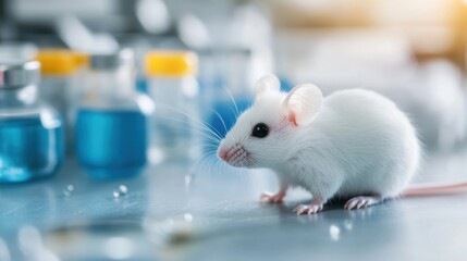 Small laboratory mouse interacts with various scientific equipment and colorful vials in a controlled research setting