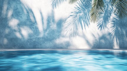 Tropical summer poolside mockup background. Swimming pool blue water.  Palm shadow in luxury hotel resort villa