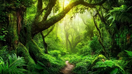Fototapeta premium Majestic Rainforest Pathway: A Lush Green Oasis of Nature's Beauty