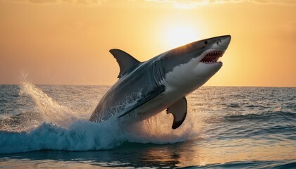 Fototapeta premium Dynamic shot of a great white shark breaching at sunset, surrounded by splashing waves. Perfect depiction of marine wildlife and the untamed beauty of the sea
