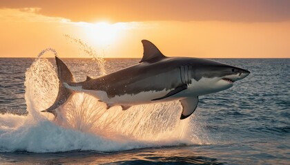 Fototapeta premium Dynamic shot of a great white shark breaching at sunset, surrounded by splashing waves. Perfect depiction of marine wildlife and the untamed beauty of the sea