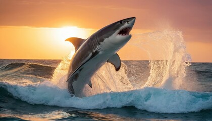 Fototapeta premium Powerful great white shark leaps out of the water, illuminated by the glowing sunset, showcasing nature's raw beauty and strength against the backdrop of the ocean waves