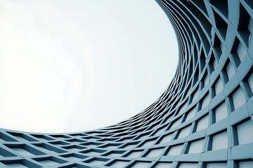 A modern architectural structure with a spiral form, showcasing a lattice design and a clear sky backdrop.