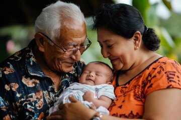 Grandparents lovingly cradling their sleeping newborn grandchild, radiating warmth, affection, and the joy of family bonding