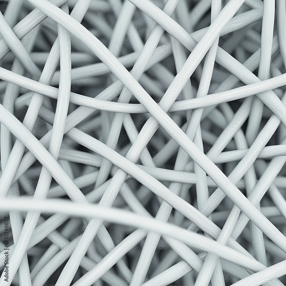 Poster a close-up of tangled, light gray wires interwoven in a complex pattern, creating an abstract textur