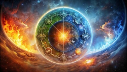 Obraz premium Esoteric Background: Balance of Elements with Fiery, Earthy, Air and Water Spheres