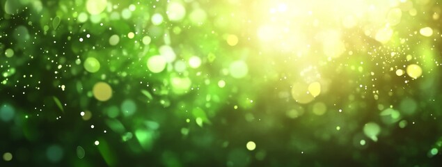 Abstract green bokeh background with sunlit particles and glowing lights.