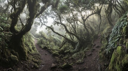Mystical Fog-Shrouded Forest Path, Lush Green Trees, and Mossy Rocks. Serene and Majestic Nature's Embrace