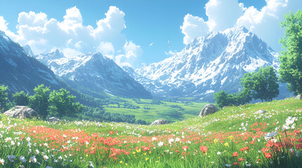 Vibrant Flower Meadow Amidst Majestic Snow Capped Mountains