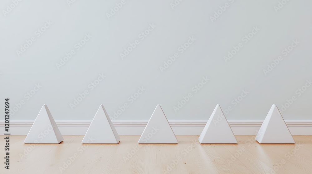 Aufkleber a row of minimalist, white triangular objects neatly aligned on a wooden floor against a light-color