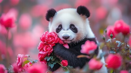 Naklejka premium Cute panda holding pink roses in a blossoming garden scene. The 14th of February. Happy Valentine's Day