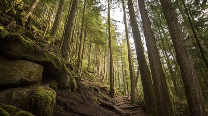 Fototapeta premium Serene Forest Path: Sunlight Dapples Through Ancient Trees