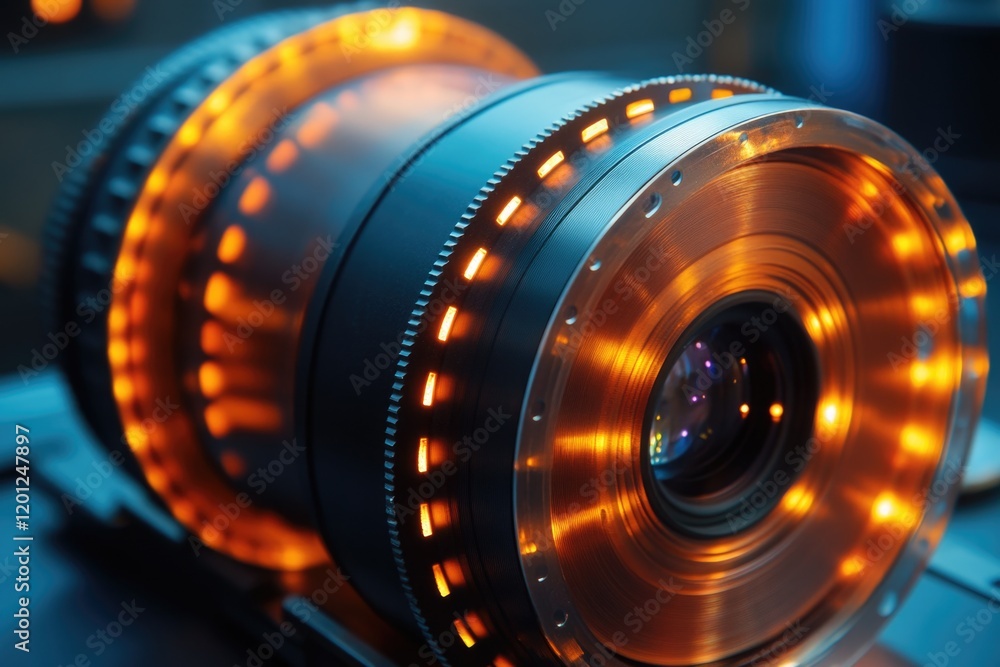 Poster a close-up view of a camera lens on a table, perfect for photography-related concepts