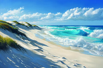 Rolling sand dunes meeting turquoise ocean waves under a bright sunny sky, perfect for a tropical getaway