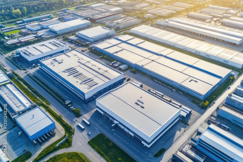 Poster aerial image of a large industrial building with multiple structures and parking lot