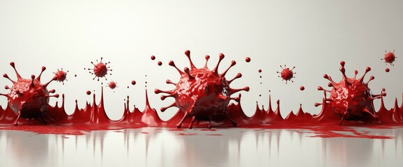 Red abstract virus particles on reflective surface. HMPV, Human metapneumovirus