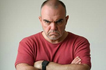 Fototapeta premium Portrait of a serious adult man crossing his arms and frowning, expressing disapproval or discontent on a simple white background