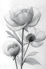 A close-up shot of two flowers depicted in shades of gray, without color