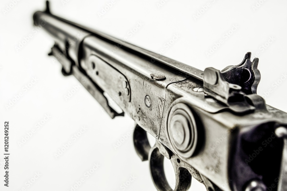 Poster a detailed view of a firearm with a plain backdrop