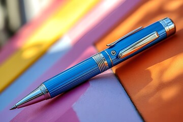A sleek blue pen rests on a vibrant, colorful background.