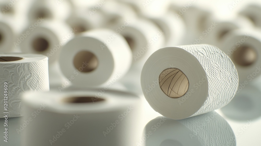Poster a stack of toilet paper rolls arranged on a table surface