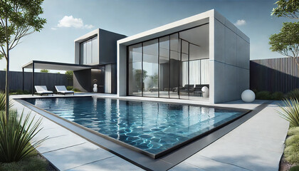A large house with a pool and a patio. The pool is surrounded by a black border. There are several chairs and a vase on the patio