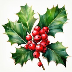Festive Watercolor Painting of Holly Berries and Leaves Christmas Decoration Winter Botanical